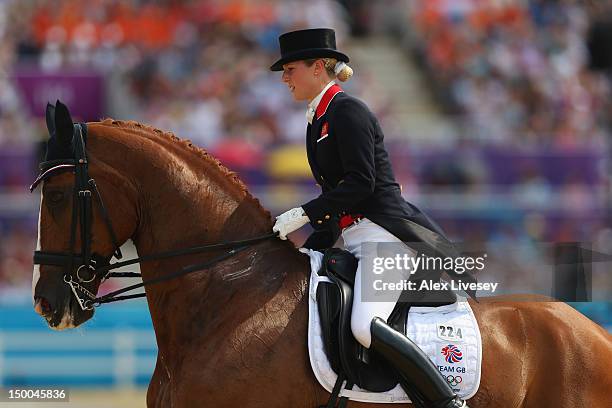 Laura Bechtolsheimer of Great Britain riding Mistral Hojris competes in the Individual Dressage on Day 13 of the London 2012 Olympic Games at...