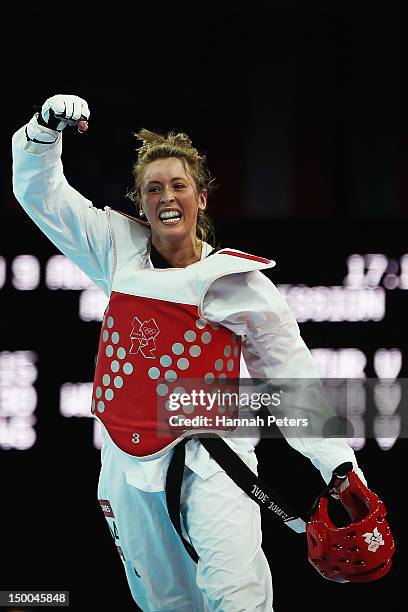 Jade Jones of Great Britain celebrates beating Li-Cheng Tseng of Taipei during the semifinal Women's -57kg Taekwondo match on Day 13 of the London...