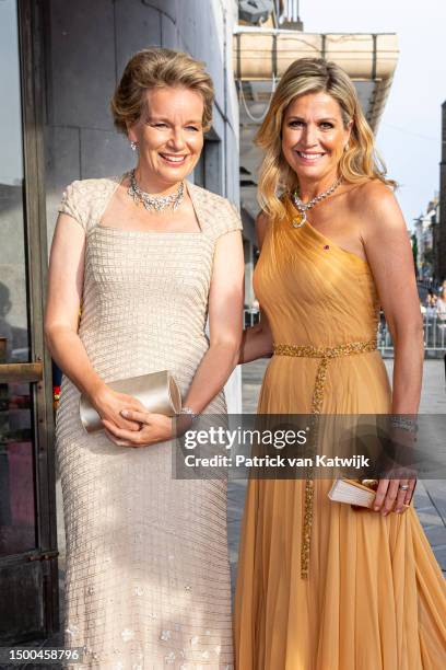 Queen Maxima of The Netherlands and Queen Mathilde of Belgium attend a concert offered by the Netherlands to the Belgian King and Queen at Flagey on...