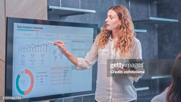 businesswoman presenting in a modern office meeting room - big data white stock pictures, royalty-free photos & images