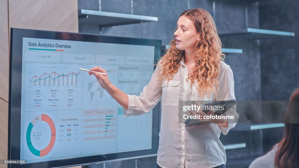 Businesswoman presenting in a modern office meeting room