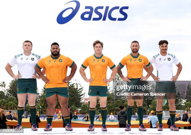 Angus Bell, Taniela Tupou, Michael Hooper, Quade Cooper and Jordan Petaia pose during a Rugby Australia media opportunity launching the Wallabies...