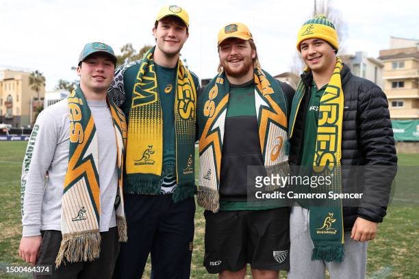 Wallabies fans pose for a photo during a Rugby Australia media opportunity launching the Wallabies 2023 Rugby World Cup jersey, at Coogee Oval on...