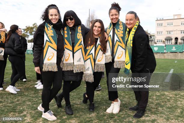 Wallabies fans pose for a photo during a Rugby Australia media opportunity launching the Wallabies 2023 Rugby World Cup jersey, at Coogee Oval on...