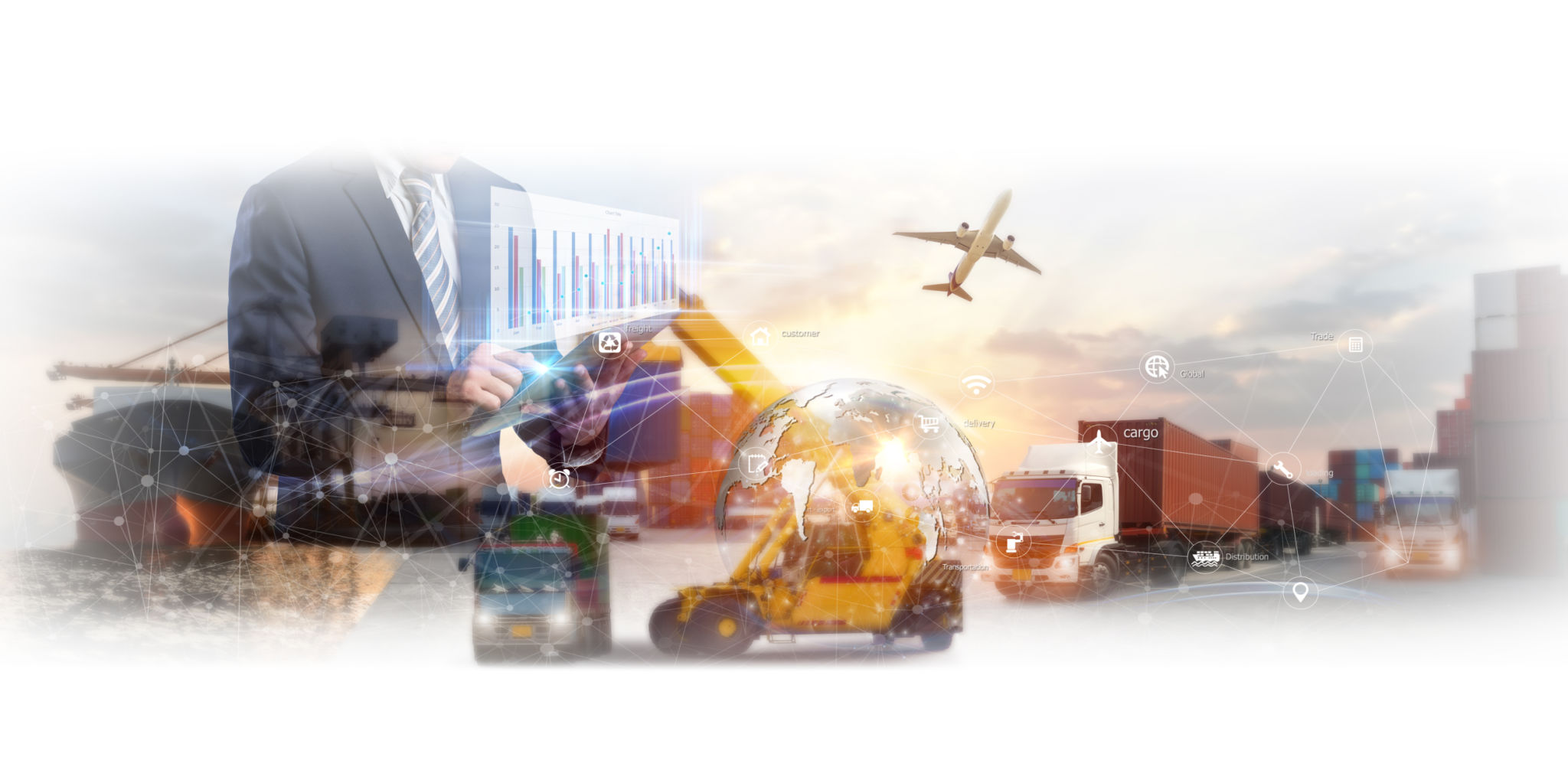 Multiple exposures of Businessman touching tablet for analyze stock at logistics port and world map with logistic network distribution on background, transportation trading business concept, Multiple exposures of Businessman touching tablet for analyze stock at logistics port and world map with logistic network distribution on background, transportation trading business concept,