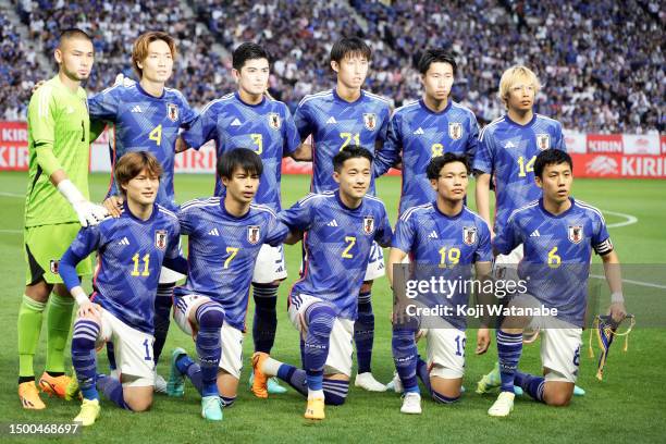 Japan team starts line up of during the international friendly match between Japan and Peru at Panasonic Stadium Suita on June 20, 2023 in Suita,...