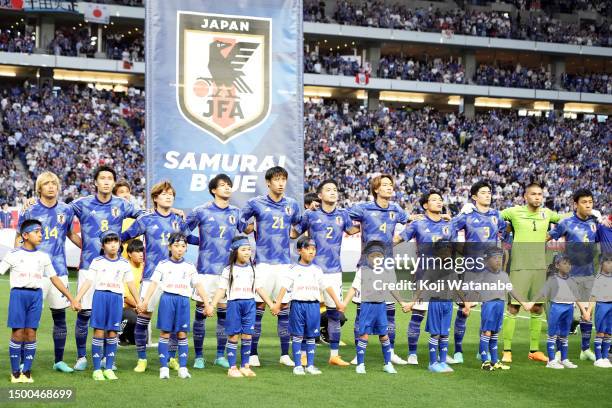 Japan team starts line up of during the international friendly match between Japan and Peru at Panasonic Stadium Suita on June 20, 2023 in Suita,...