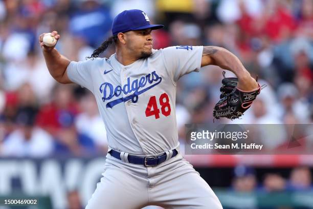 Brusdar Graterol of the Los Angeles Dodgers pitches during the first inning of a game against the Los Angeles Angels at Angel Stadium of Anaheim on...