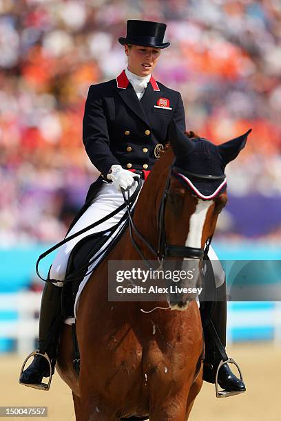 Laura Bechtolsheimer of Great Britain riding Mistral Hojris competes in the Individual Dressage on Day 13 of the London 2012 Olympic Games at...
