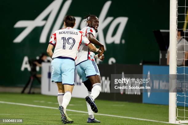 Kei Kamara of the Chicago Fire celebrates with teammates after scoring a goal during the second half against the Portland Timbers at Providence Park...