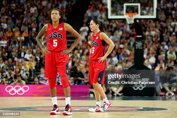 Seimone Augustus and Sue Bird of United States stand on the court during the Women's Basketball semifinal against Australia on Day 13 of the London...