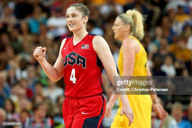 Lindsay Whalen of United States celebrates in the final moments of their 86-73 victory over Australia during the Women's Basketball semifinal on Day...