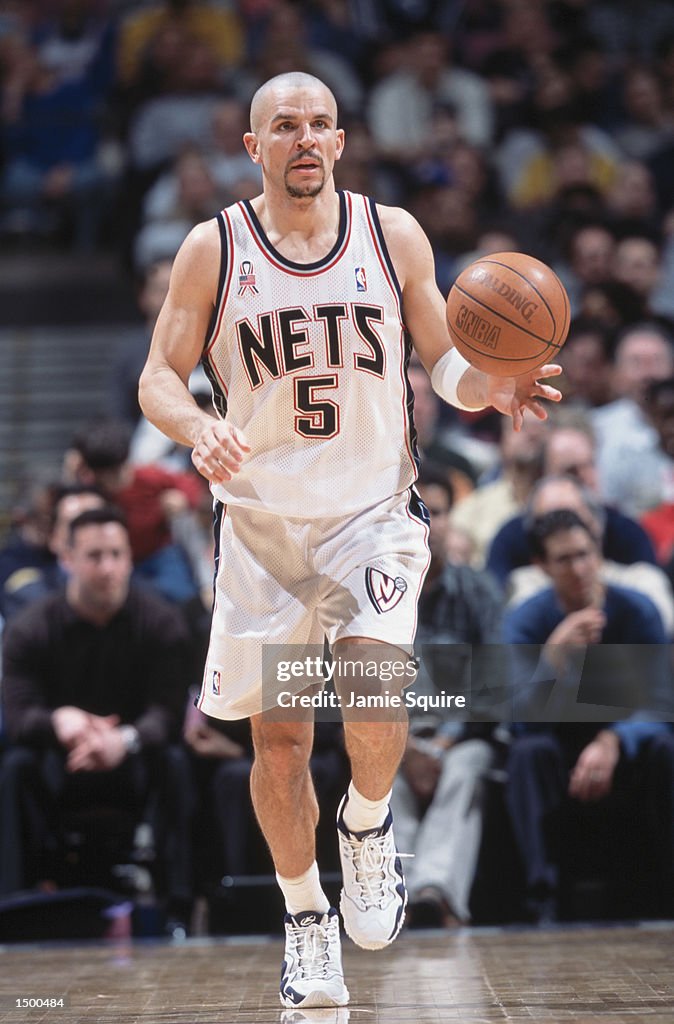 Jason Kidd #5 of the New Jersey Nets dribbles.