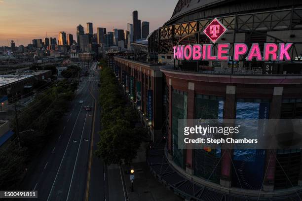 General aerial view of the stadium seen from a drone outside T-Mobile Park at sunset before the MLB All-Star Week photographed on June 21, 2023 in...