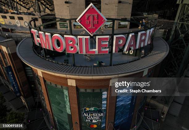 General aerial view of the stadium seen from a drone outside T-Mobile Park at sunset before the MLB All-Star Week photographed on June 21, 2023 in...