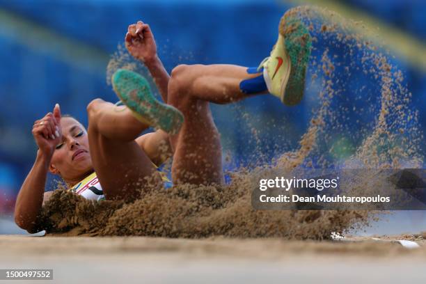 Maryna Bekh-Romanchuk of Ukraine competes in the Women's Triple Jump - Div. 2 during day two of the European Games 2023 at Silesian Stadium on June...