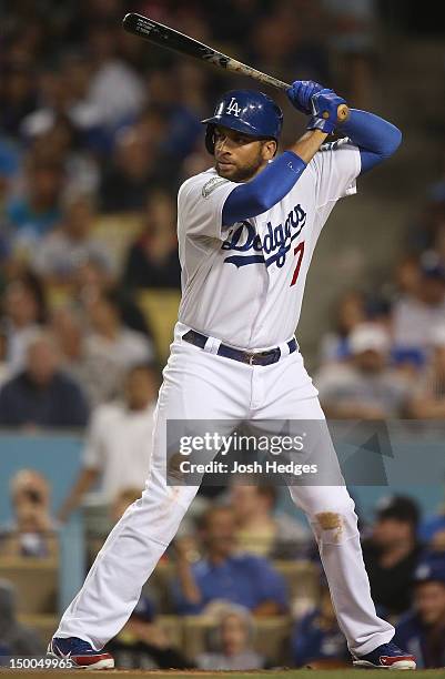 James Loney of the Los Angeles Dodgers bats against the Chicago Cubs at Dodger Stadium on August 3, 2012 in Los Angeles, California.