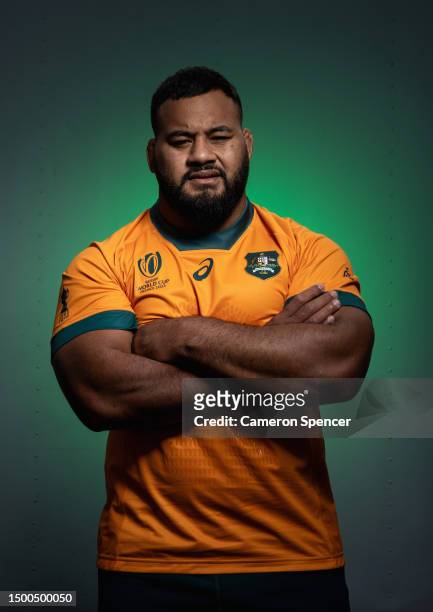 Taniela Tupou of the Wallabies poses during a Rugby Australia media opportunity launching the Wallabies 2023 Rugby World Cup jersey, at Coogee Oval...