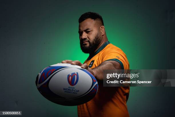 Taniela Tupou of the Wallabies poses during a Rugby Australia media opportunity launching the Wallabies 2023 Rugby World Cup jersey, at Coogee Oval...