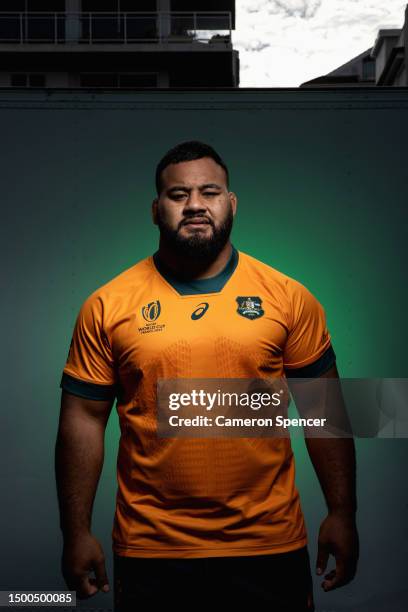 Taniela Tupou of the Wallabies poses during a Rugby Australia media opportunity launching the Wallabies 2023 Rugby World Cup jersey, at Coogee Oval...