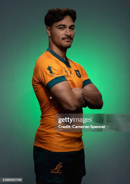 Jordan Petaia of the Wallabies poses for a portrait following a Rugby Australia media opportunity launching the Wallabies 2023 Rugby World Cup...