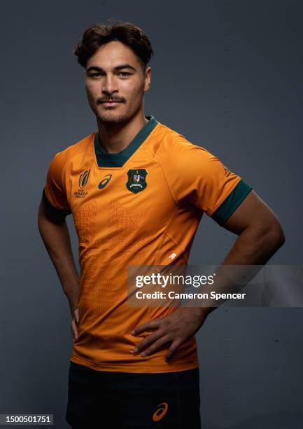 Jordan Petaia of the Wallabies poses for a portrait following a Rugby Australia media opportunity launching the Wallabies 2023 Rugby World Cup...