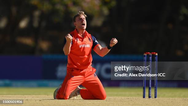 Logan van Beek of the Netherlands celebrates the wicket of Steven Taylor of USA during the ICC Men's Cricket World Cup Qualifier Zimbabwe 2023 match...