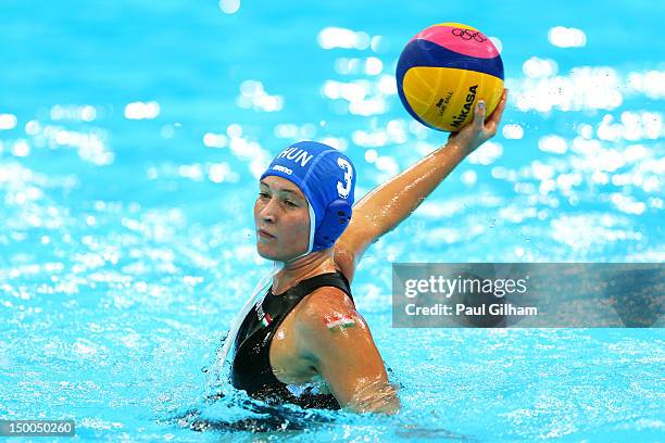 Dora Antal of Hungary passes the ball during the Women's Water Polo Bronze Medal match between Australia and Hungary on Day 13 of the London 2012...