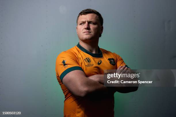 Angus Bell of the Wallabies poses for a portrait following a Rugby Australia media opportunity launching the Wallabies 2023 Rugby World Cup jersey,...
