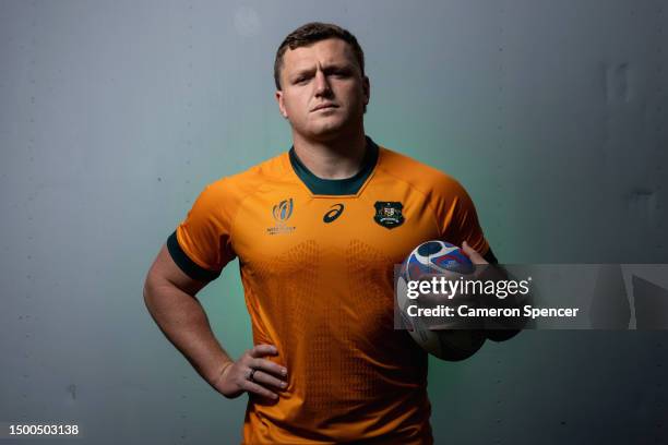 Angus Bell of the Wallabies poses for a portrait following a Rugby Australia media opportunity launching the Wallabies 2023 Rugby World Cup jersey,...