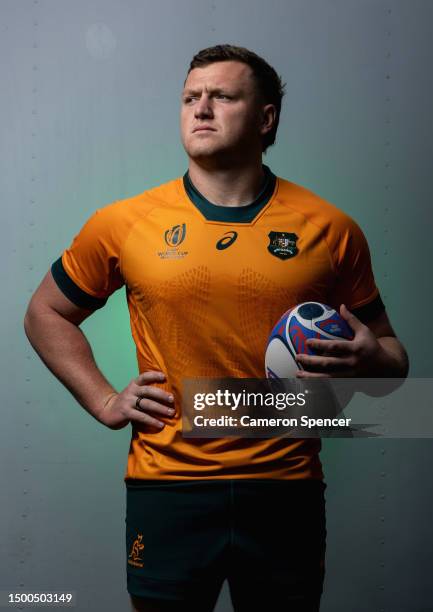 Angus Bell of the Wallabies poses for a portrait following a Rugby Australia media opportunity launching the Wallabies 2023 Rugby World Cup jersey,...
