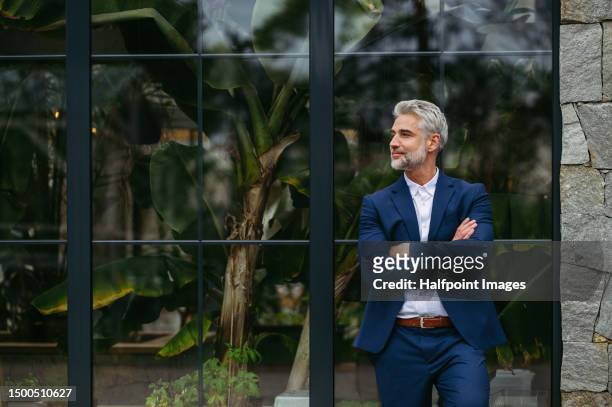 portrait of mature businessman leaning on glass wall. - director office stock pictures, royalty-free photos & images