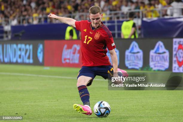 Sergio Gomez of Spain U21 passes the ball during the UEFA Under-21 Euro 2023 Group B match between Romania and Spain at Steaua Stadium on June 21,...