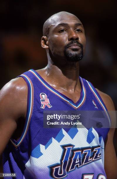 Portrait of forward Karl Malone of the Utah Jazz during the NBA game against the Orlando Magic at the TD Waterhouse Centre in Orlando, Florida. The...