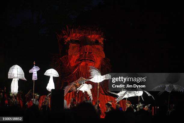 An effigy is prepared to be burnt during a peace ritual at the stone circle on Day 1 of Glastonbury Festival 2023 at Worthy Farm, Pilton on June 21,...