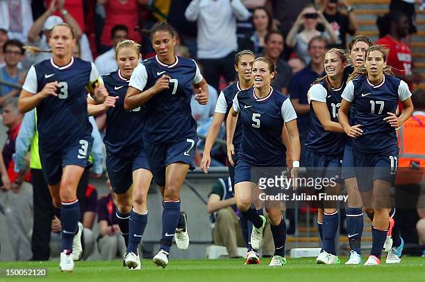 Christie Rampone, Shannon Boxx, Kelley O'Hara, Abby Wambach, Tobin Heath celebrate the goal by Carli Lloyd of United States in the first half against...