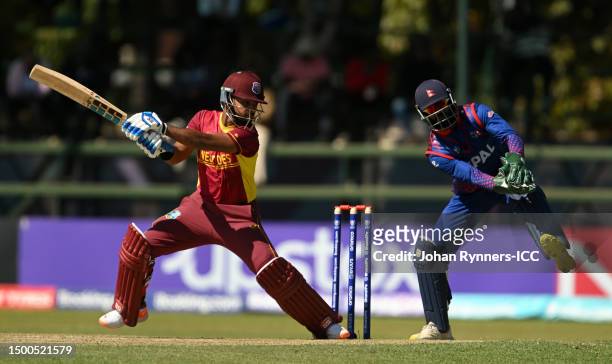 Nicholas Pooran of West Indies plays a shot during the ICC Men's Cricket World Cup Qualifier Zimbabwe 2023 match between the West Indies and Nepal at...