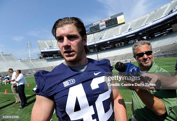 Penn State linebacker Michael Mauti talks to reporters, Thursday, August 9 during media day in State College, Pennsylvania.