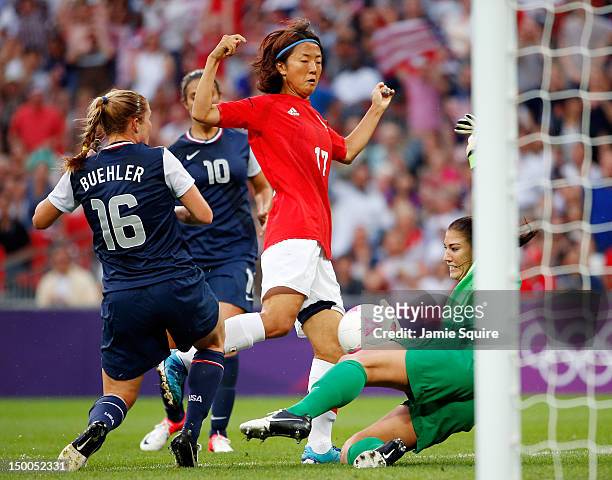 Goalkeeper Hope Solo of United States makes a save on a shot by Yuki Ogimi of Japan in the first half during the Women's Football gold medal match on...