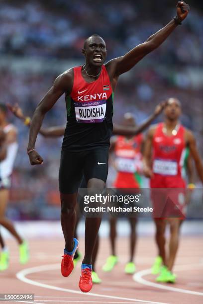 David Lekuta Rudisha of Kenya celebrates after winning gold and setting a new world record of 1.40.91 in the Men's 800m Final on Day 13 of the London...