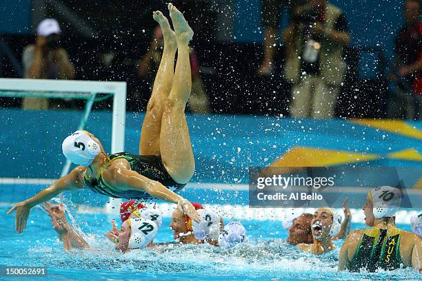 Jane Moran of Australia celebrates winning the Women's Water Polo Bronze Medal match between Australia and Hungary on Day 13 of the London 2012...