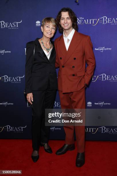 Sarie Kessler and her son Cameron Robbie attend opening night of "Beauty & The Beast" at the Capitol Theatre on June 22, 2023 in Sydney, Australia.