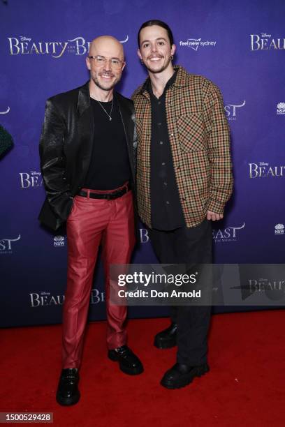 Joel Peisley and Sean Byrnes attend opening night of "Beauty & The Beast" at the Capitol Theatre on June 22, 2023 in Sydney, Australia.