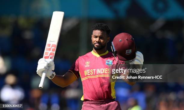 Shai Hope of West Indies celebrates their century during the ICC Men's Cricket World Cup Qualifier Zimbabwe 2023 match between the West Indies and...