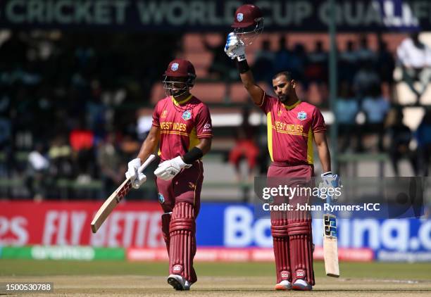 Nicholas Pooran of West Indies celebrates their century during the ICC Men's Cricket World Cup Qualifier Zimbabwe 2023 match between the West Indies...