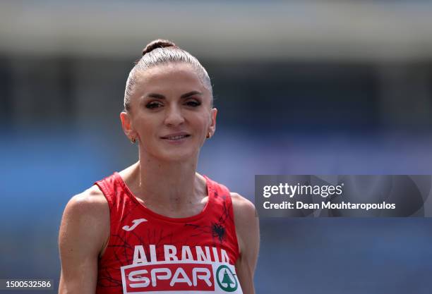 Luiza Gega of Albania looks on after crossing the finish line in the Women's 3000m Steeplechase - Div. 3during day three of the European Games 2023...