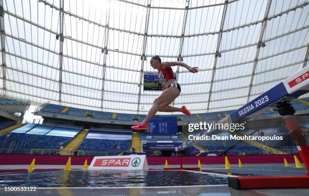 Luiza Gega of Albania competes in the Women's 3000m Steeplechase - Div. 3 during day three of the European Games 2023 at Silesian Stadium on June 22,...