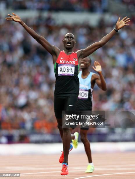 David Lekuta Rudisha of Kenya celebrates after winning gold and setting a new world record in the Men's 800m Final on Day 13 of the London 2012...