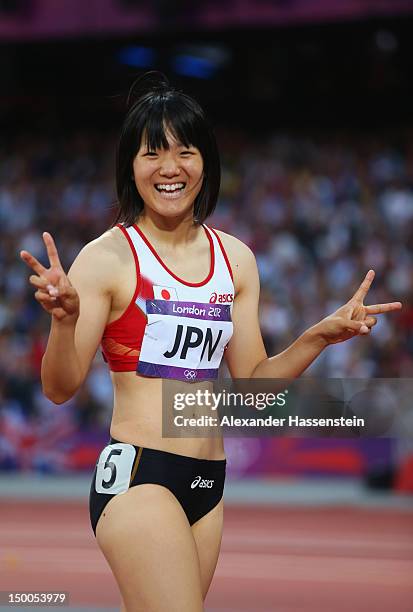 Anna Doi of Japan reacts after competing in the Women's 4 x 100m Relay Round 1 on Day 13 of the London 2012 Olympic Games at Olympic Stadium on...