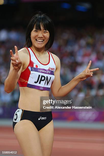 Anna Doi of Japan reacts after competing in the Women's 4 x 100m Relay Round 1 on Day 13 of the London 2012 Olympic Games at Olympic Stadium on...